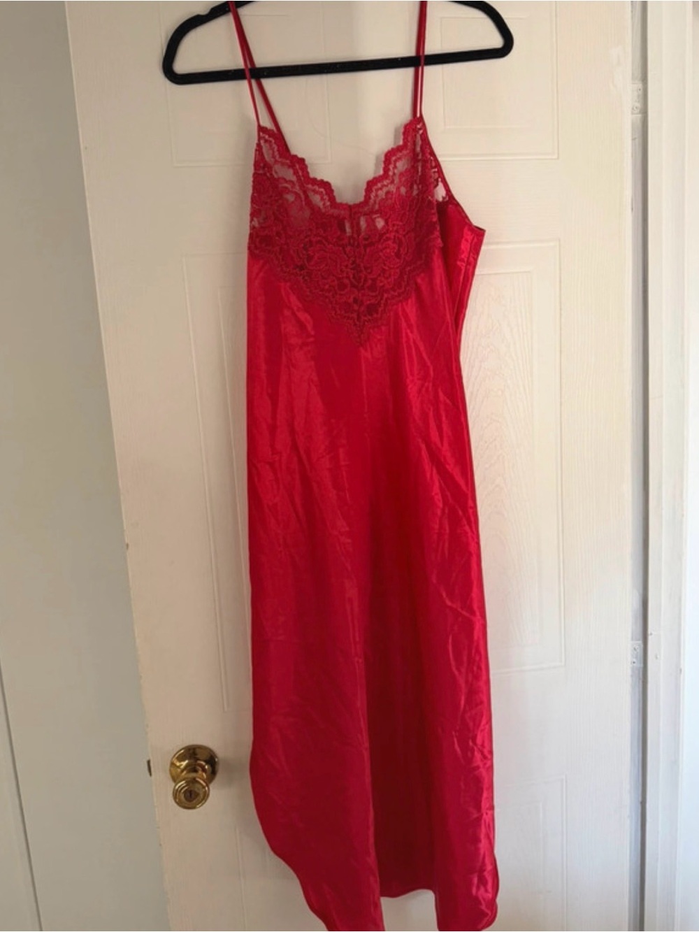 Red Satin Lace-Trim Chemise with Adjustable Straps
